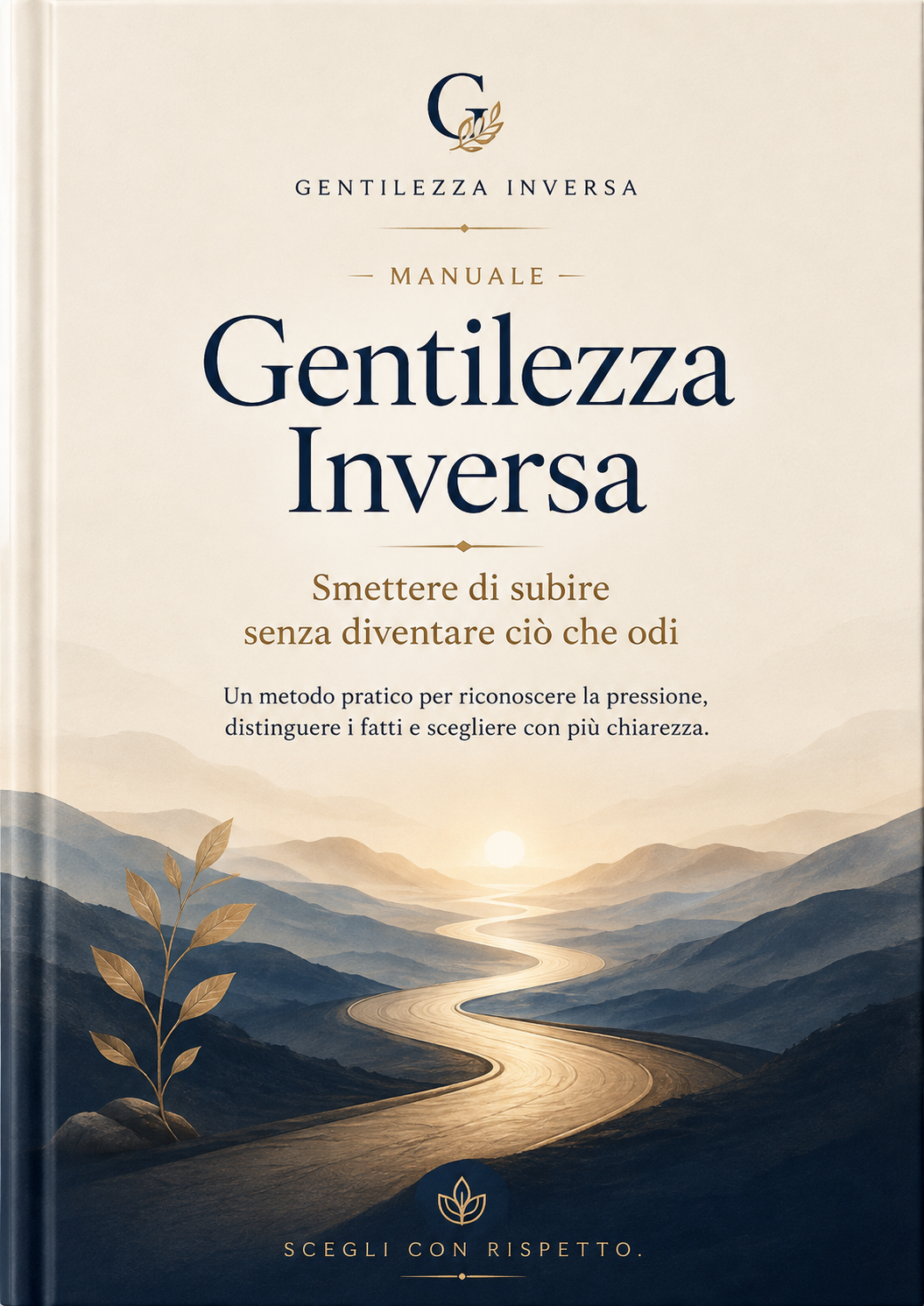 Copertina del Manuale Gentilezza Inversa: sentiero dorato tra colline al tramonto, con il sottotitolo Smettere di subire senza diventare ciò che odi.