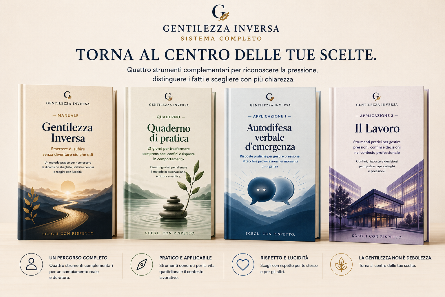 Mockup ufficiale del Sistema completo Gentilezza Inversa: le quattro copertine affiancate — Manuale, Quaderno di pratica, Autodifesa verbale d'emergenza e Il Lavoro.